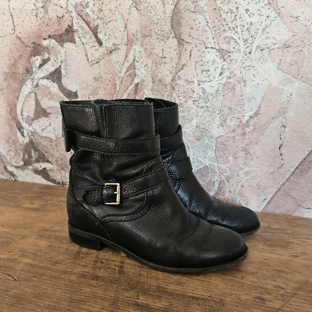 Kate Spade Sabina Pebbled Calfskin Black Leather Ankle Boots with Buckles